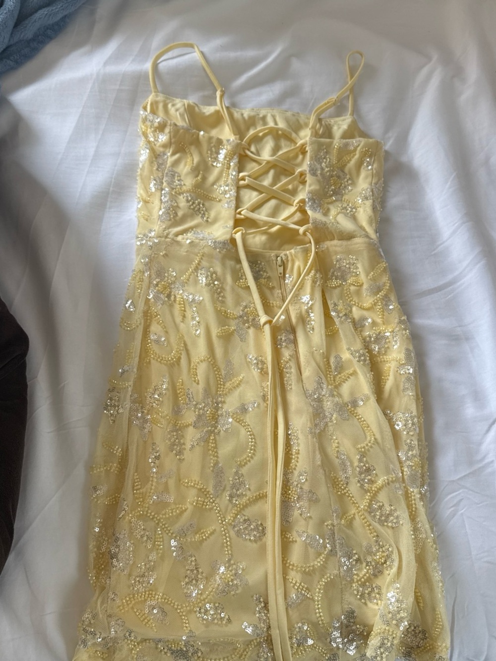 Windsor Yellow Sequin Lace-Up Strap Dress
